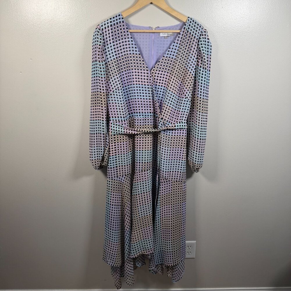 Calvin Klein Geometric Faux Wrap Dress Size 16W Purple Chiffon Career Church - Picture 2 of 15